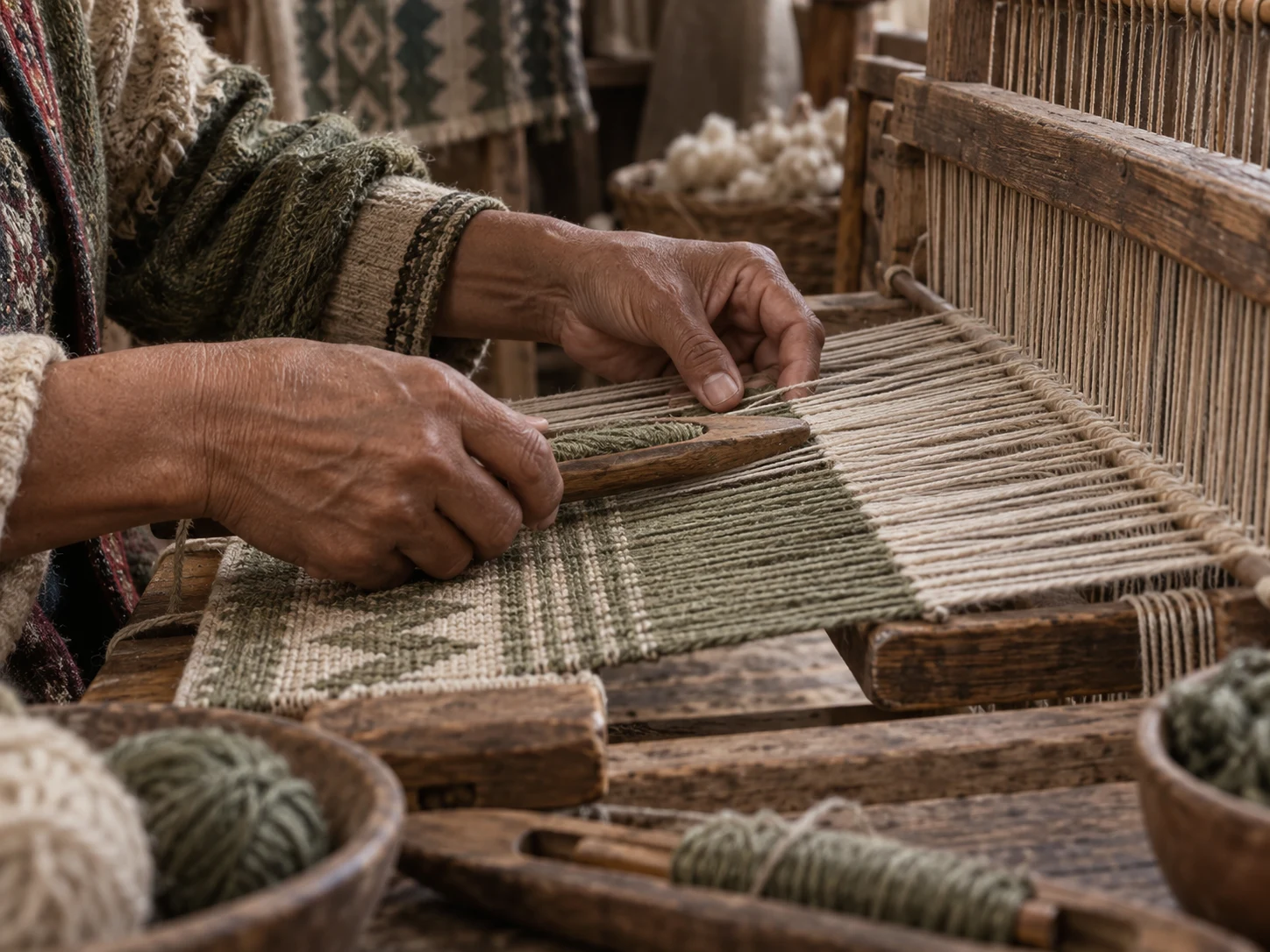 Hands passing a strand through a traditional loom